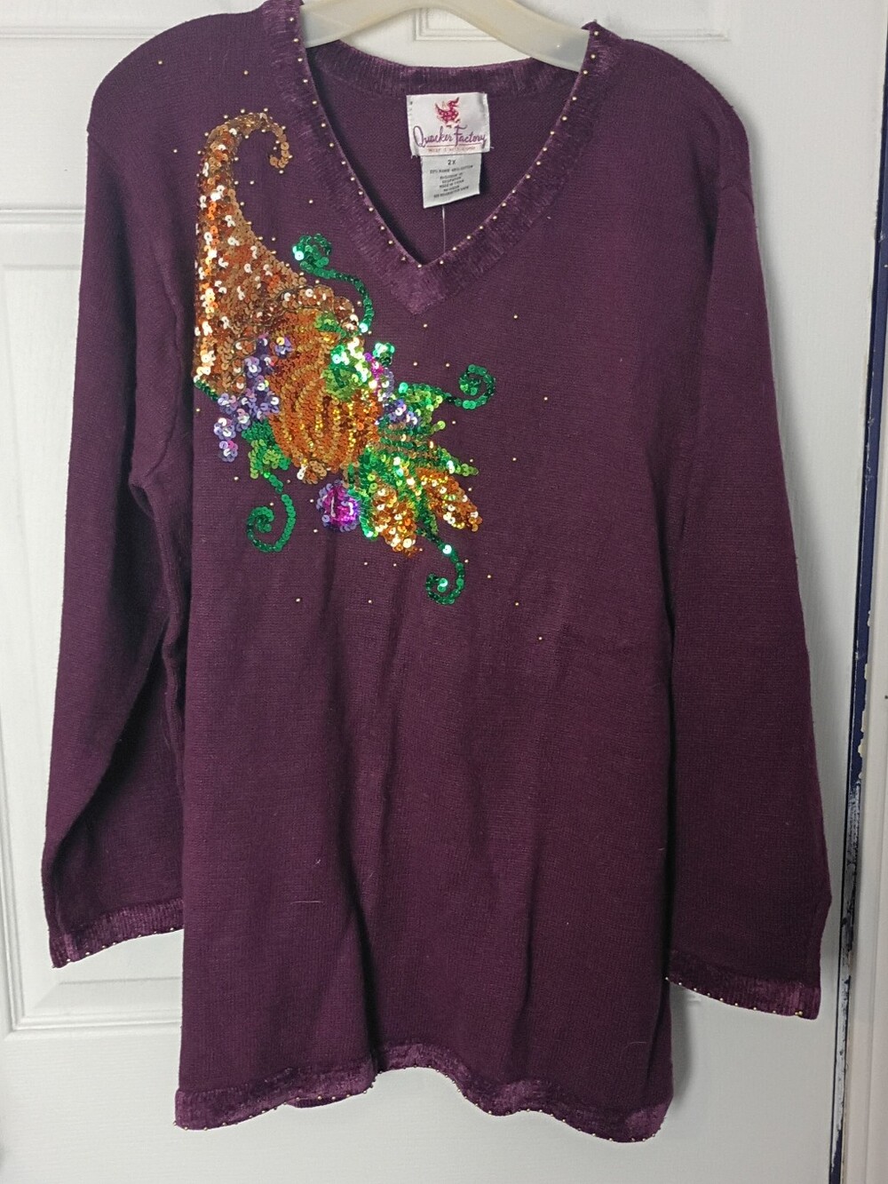 NWT Quacker factory Horn of plenty Pumpkin Autumn Purple Sweater 2XL